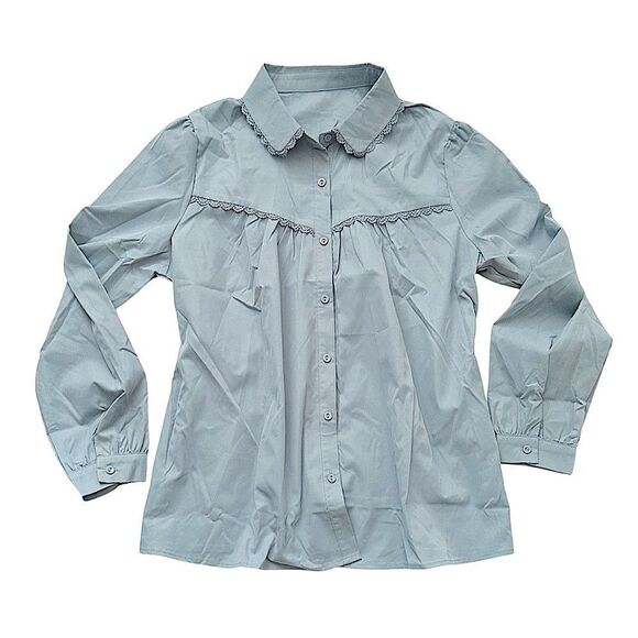 🔴2 for 60🔴 blouse button up long-sleeve blue gray pleated lace trim size M. - Picture 1 of 16